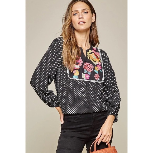 Savanna Jane Tops - Savanna Jane Polka Dot Embroidered Floral Blouse Long Sleeve Boho Size Medium